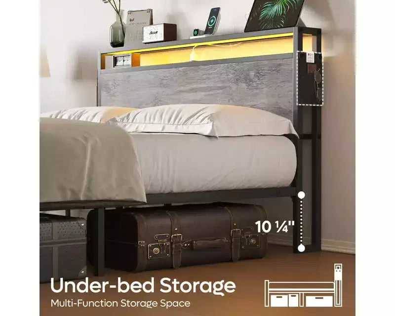 Cadre de lit Bestier Queen avec tête de lit, plateforme à deux lumières LED en métal avec station de recharge et rangement à 2 niveaux, antidérapant, sans bruit