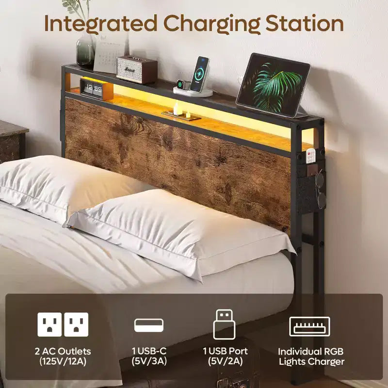 Cadre de lit Bestier Queen avec tête de lit, plateforme à deux lumières LED en métal avec station de recharge et rangement à 2 niveaux, antidérapant, sans bruit