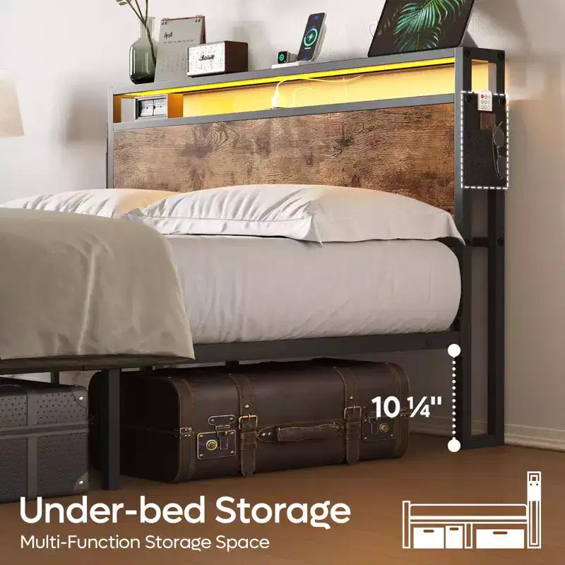 Cadre de lit Bestier Queen avec tête de lit, plateforme à deux lumières LED en métal avec station de recharge et rangement à 2 niveaux, antidérapant, sans bruit
