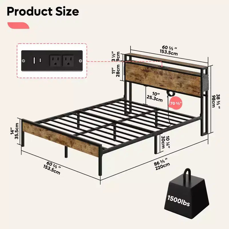 Cadre de lit Bestier Queen avec tête de lit, plateforme à deux lumières LED en métal avec station de recharge et rangement à 2 niveaux, antidérapant, sans bruit