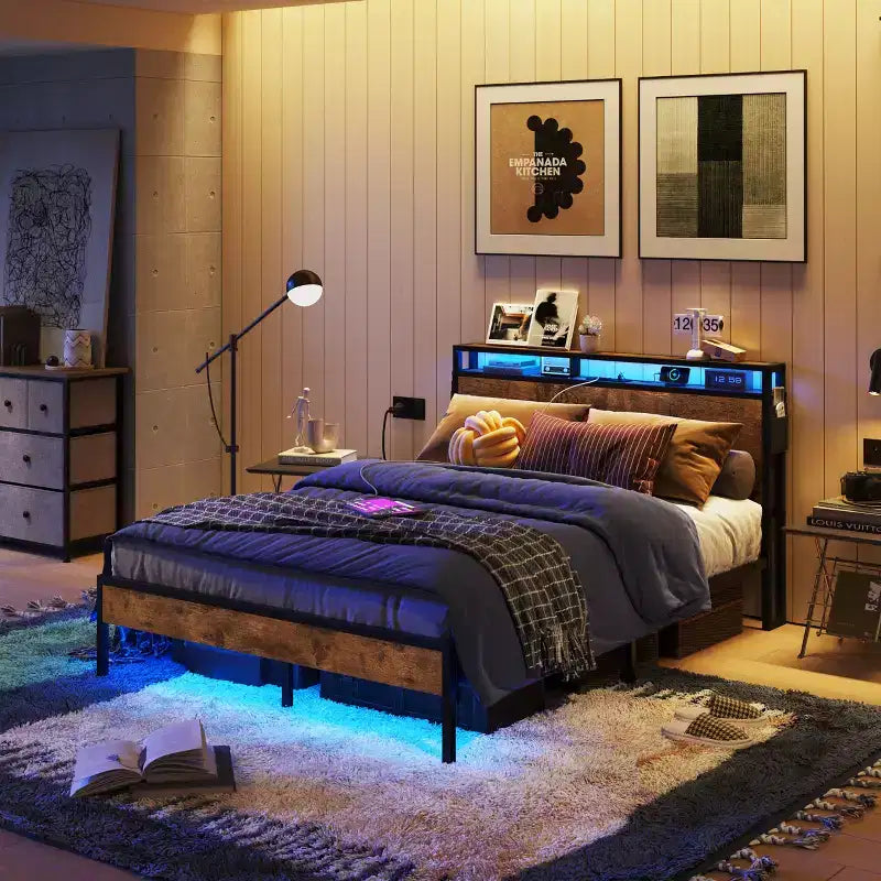 Cadre de lit Bestier Queen avec tête de lit, plateforme à deux lumières LED en métal avec station de recharge et rangement à 2 niveaux, antidérapant, sans bruit