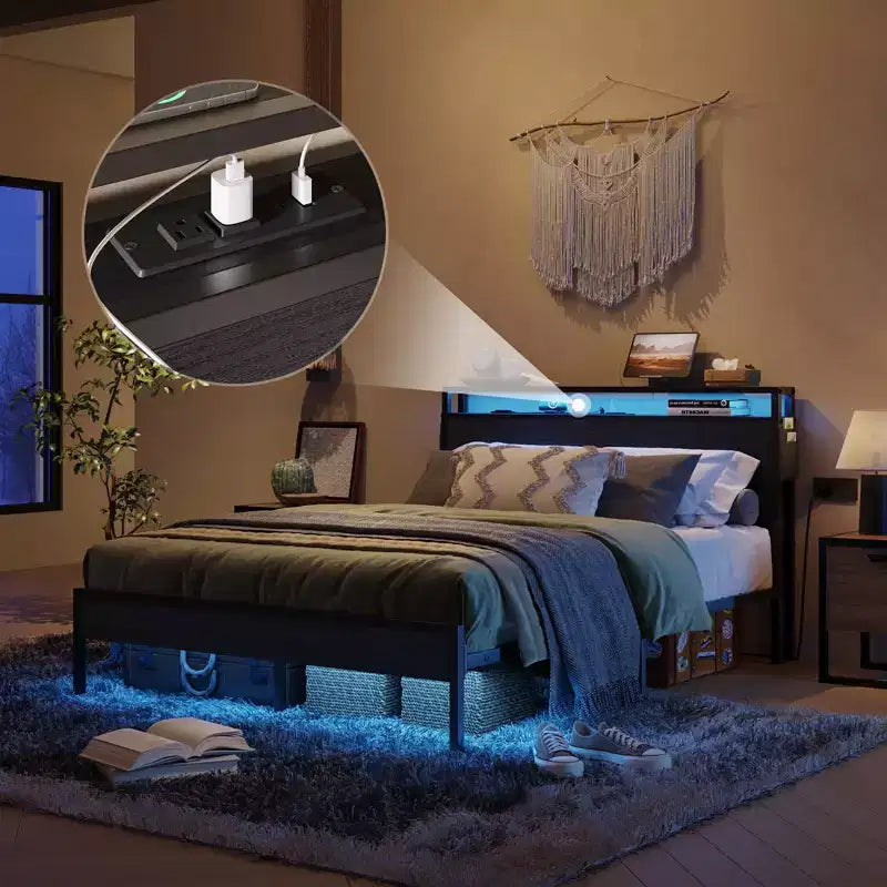 Cadre de lit Bestier Queen avec tête de lit, plateforme à deux lumières LED en métal avec station de recharge et rangement à 2 niveaux, antidérapant, sans bruit