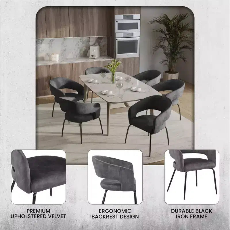 Chaise de salle à manger LeisureMod, rembourrée en cuir, avec dossier incurvé ouvert et pieds en fer, collection Gavin, ensemble de 4