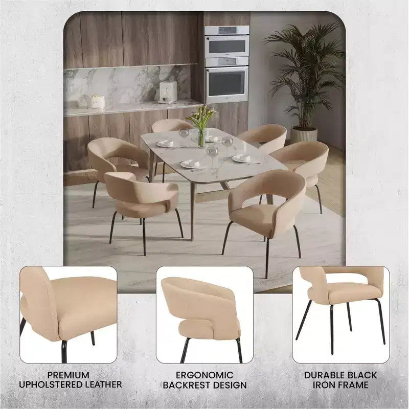 Chaise de salle à manger LeisureMod, rembourrée en cuir, avec dossier incurvé ouvert et pieds en fer, collection Gavin, ensemble de 4