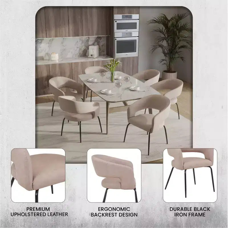 Chaise de salle à manger LeisureMod, rembourrée en cuir, avec dossier incurvé ouvert et pieds en fer, collection Gavin, ensemble de 4