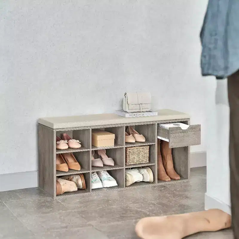 Storage Bench, Entryway Bench with Cushion, Drawer and Open Compartments, Bench with Storage, for Living Room, Bedroom, Closet