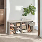 Banc de rangement, Banc d'entrée avec coussin, tiroir et compartiments ouverts, Banc avec rangement, pour salon, chambre, placard