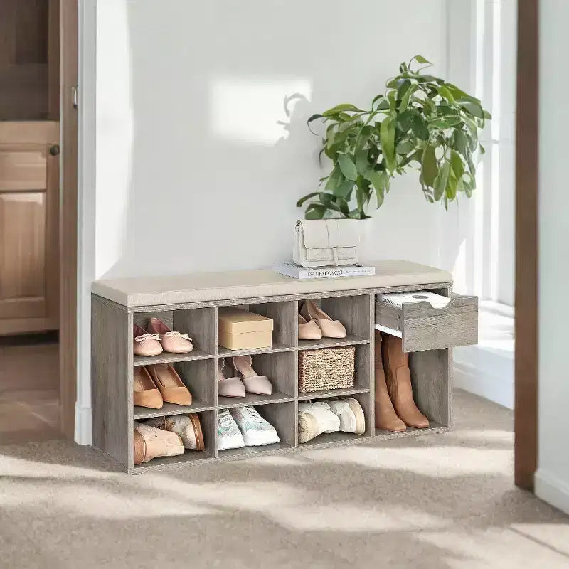 Banc de rangement, Banc d'entrée avec coussin, tiroir et compartiments ouverts, Banc avec rangement, pour salon, chambre, placard