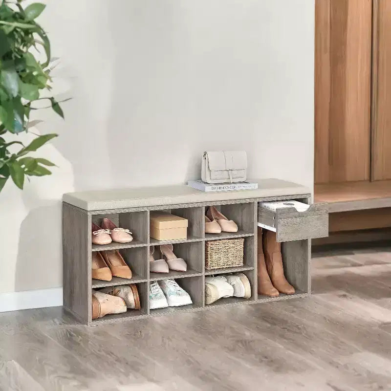 Banc de rangement, Banc d'entrée avec coussin, tiroir et compartiments ouverts, Banc avec rangement, pour salon, chambre, placard