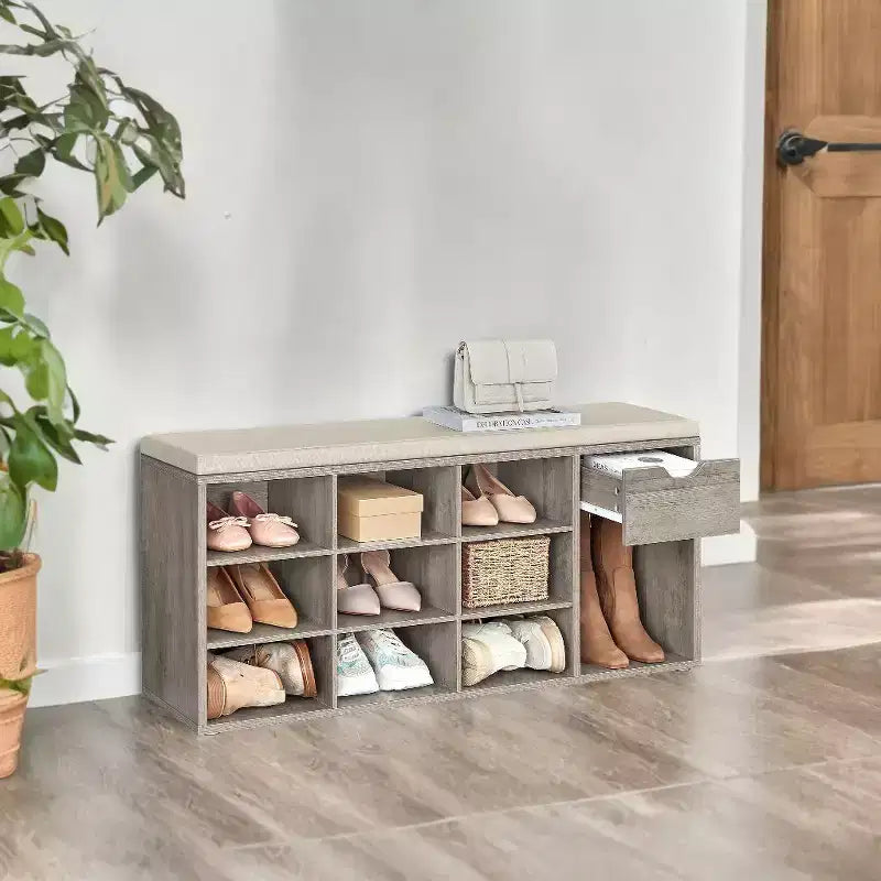 Banc de rangement, Banc d'entrée avec coussin, tiroir et compartiments ouverts, Banc avec rangement, pour salon, chambre, placard