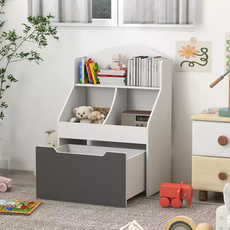 Qaba Étagère à Livres pour Enfants, Bibliothèque 3 Niveaux, Organisateur de Rangement de Jouets pour Tout-Petits avec Tiroir pour Salle de Jeux, Crèche, Chambre, Salle de Classe, Blanc