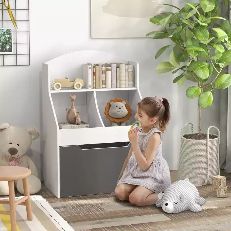 Qaba Étagère à Livres pour Enfants, Bibliothèque 3 Niveaux, Organisateur de Rangement de Jouets pour Tout-Petits avec Tiroir pour Salle de Jeux, Crèche, Chambre, Salle de Classe, Blanc