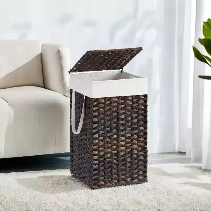 Laundry Hamper with Lid 17.2 Gallon Rattan Clothes Laundry Basket with Lid and Handles Foldable Removable Liner for Laundry Room