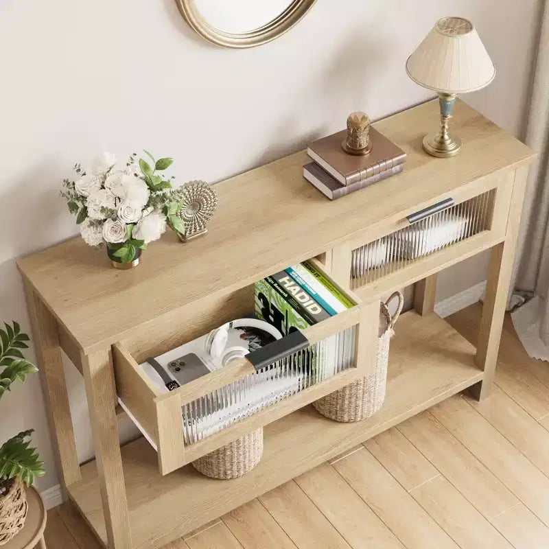 Table d'entrée de 109 cm, console en bois avec 2 tiroirs en verre, table de canapé à 2 niveaux avec rangement pour salon, tables de foyer pour entrée