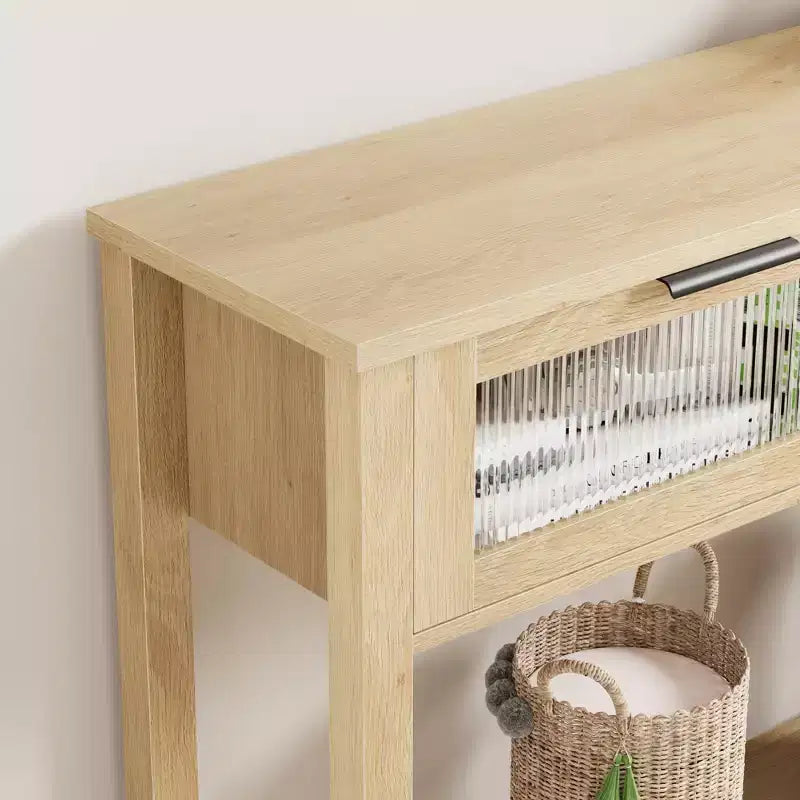 Table d'entrée de 109 cm, console en bois avec 2 tiroirs en verre, table de canapé à 2 niveaux avec rangement pour salon, tables de foyer pour entrée