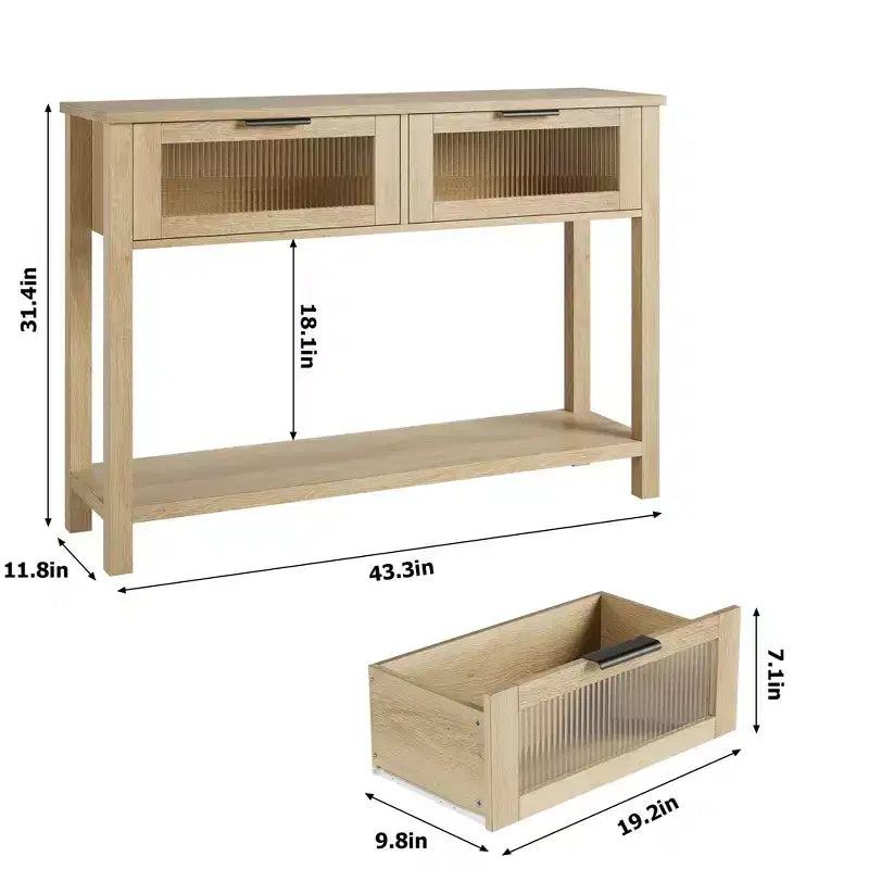 Table d'entrée de 109 cm, console en bois avec 2 tiroirs en verre, table de canapé à 2 niveaux avec rangement pour salon, tables de foyer pour entrée