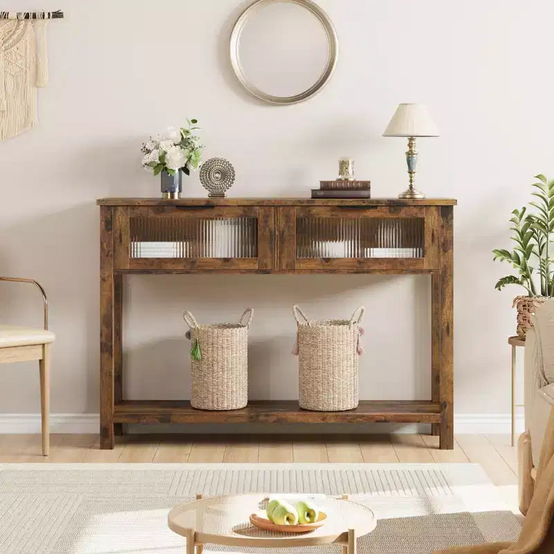 Table d'entrée de 109 cm, console en bois avec 2 tiroirs en verre, table de canapé à 2 niveaux avec rangement pour salon, tables de foyer pour entrée