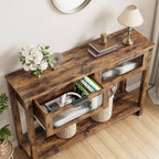 Table d'entrée de 109 cm, console en bois avec 2 tiroirs en verre, table de canapé à 2 niveaux avec rangement pour salon, tables de foyer pour entrée