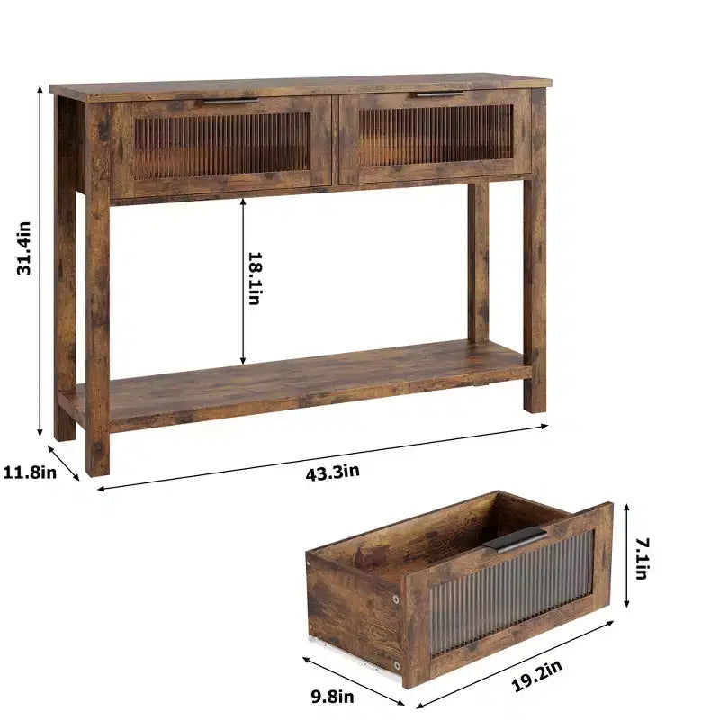 Table d'entrée de 109 cm, console en bois avec 2 tiroirs en verre, table de canapé à 2 niveaux avec rangement pour salon, tables de foyer pour entrée