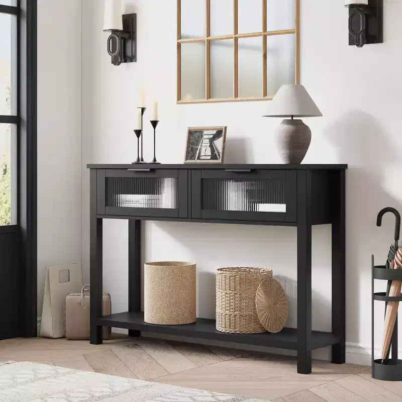Table d'entrée de 109 cm, console en bois avec 2 tiroirs en verre, table de canapé à 2 niveaux avec rangement pour salon, tables de foyer pour entrée