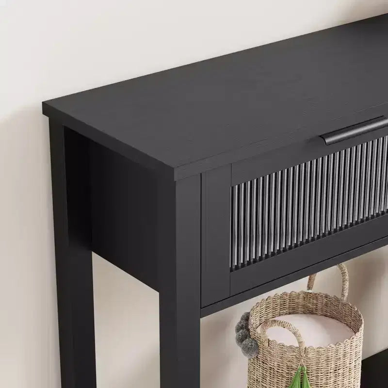 Table d'entrée de 109 cm, console en bois avec 2 tiroirs en verre, table de canapé à 2 niveaux avec rangement pour salon, tables de foyer pour entrée