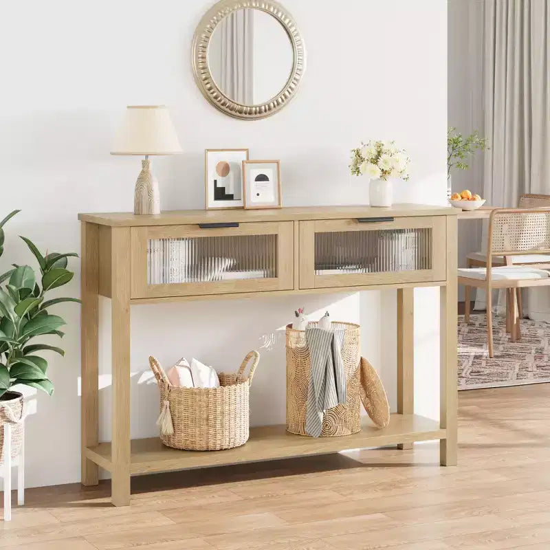 Table d'entrée de 109 cm, console en bois avec 2 tiroirs en verre, table de canapé à 2 niveaux avec rangement pour salon, tables de foyer pour entrée