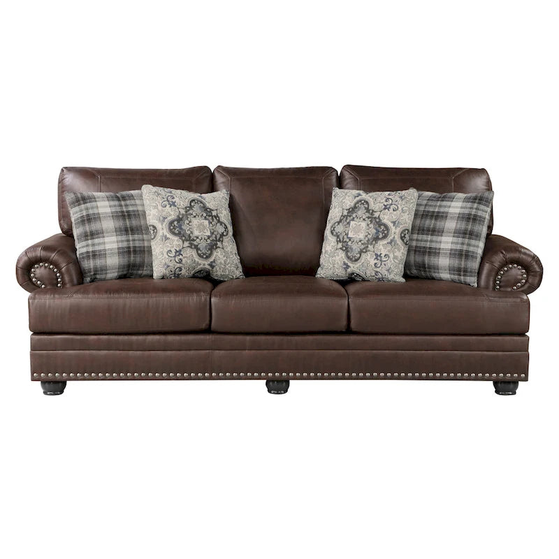 Canapé de 98 pouces, microfibre marron riche, 4 oreillers, coussins moelleux, bois
