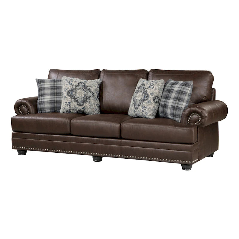 Canapé de 98 pouces, microfibre marron riche, 4 oreillers, coussins moelleux, bois
