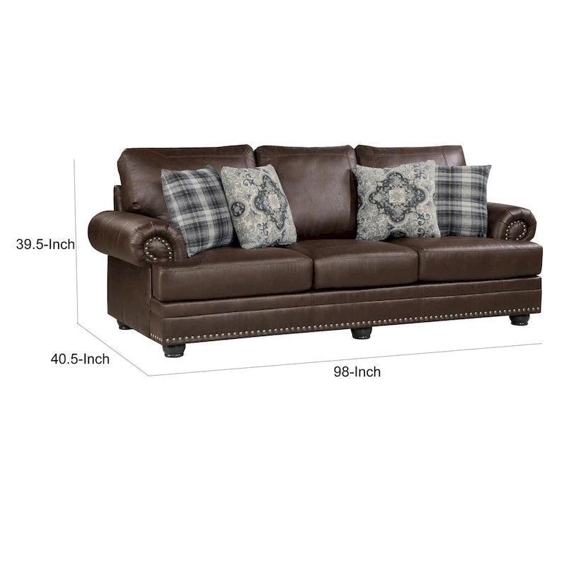 Canapé de 98 pouces, microfibre marron riche, 4 oreillers, coussins moelleux, bois