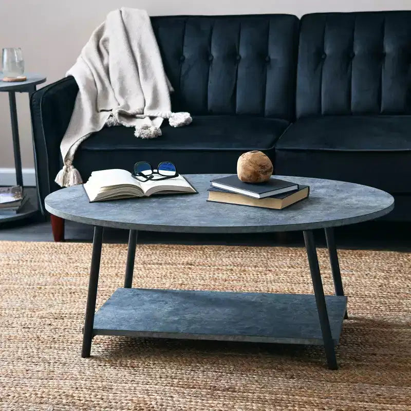 Table basse ovale Jamestown avec étagère de rangement, en ardoise rustique, béton et métal noir