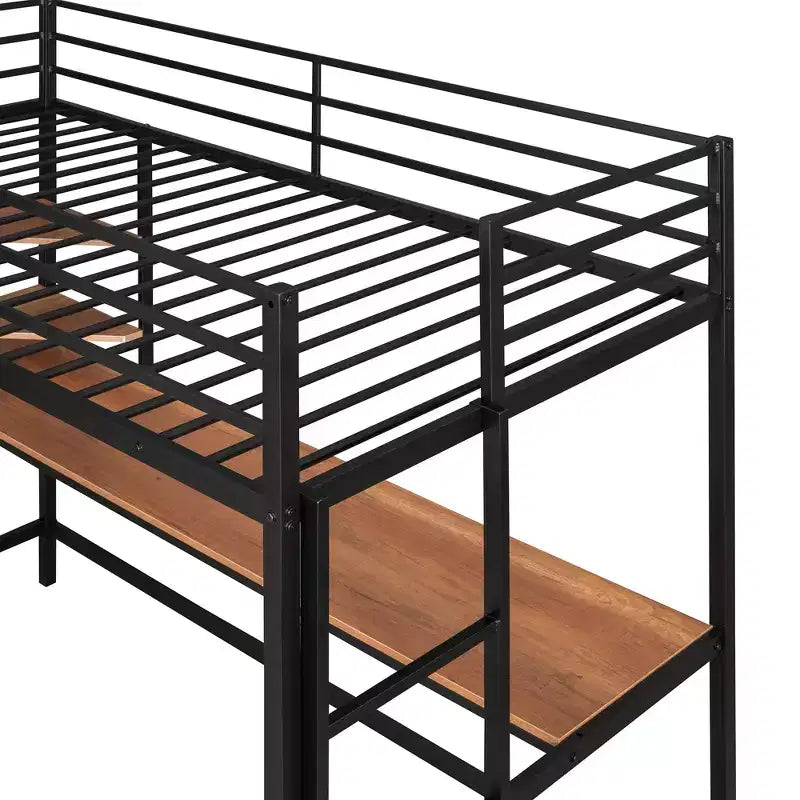 Lit mezzanine en métal double/grand format avec bureau et étagères - ModernLuxe