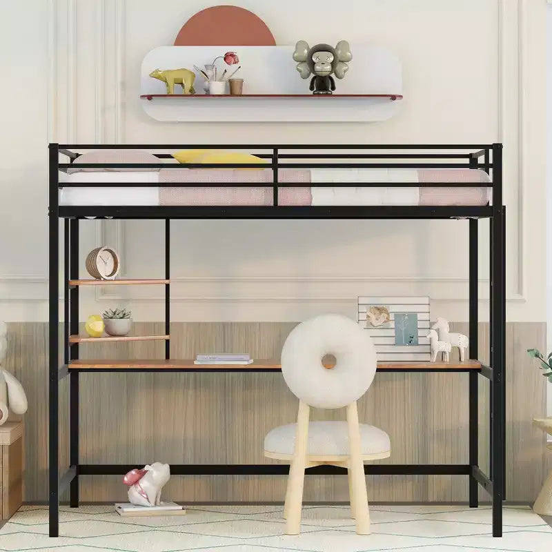 Lit mezzanine en métal double/grand format avec bureau et étagères - ModernLuxe