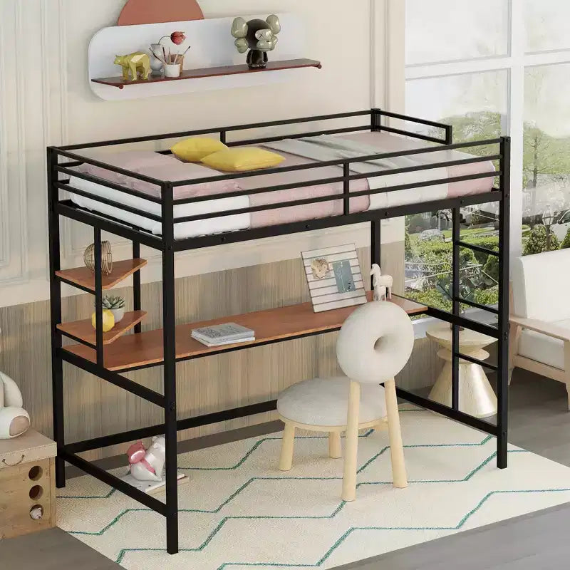 Lit mezzanine en métal double/grand format avec bureau et étagères - ModernLuxe