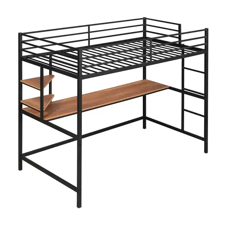 Lit mezzanine en métal double/grand format avec bureau et étagères - ModernLuxe