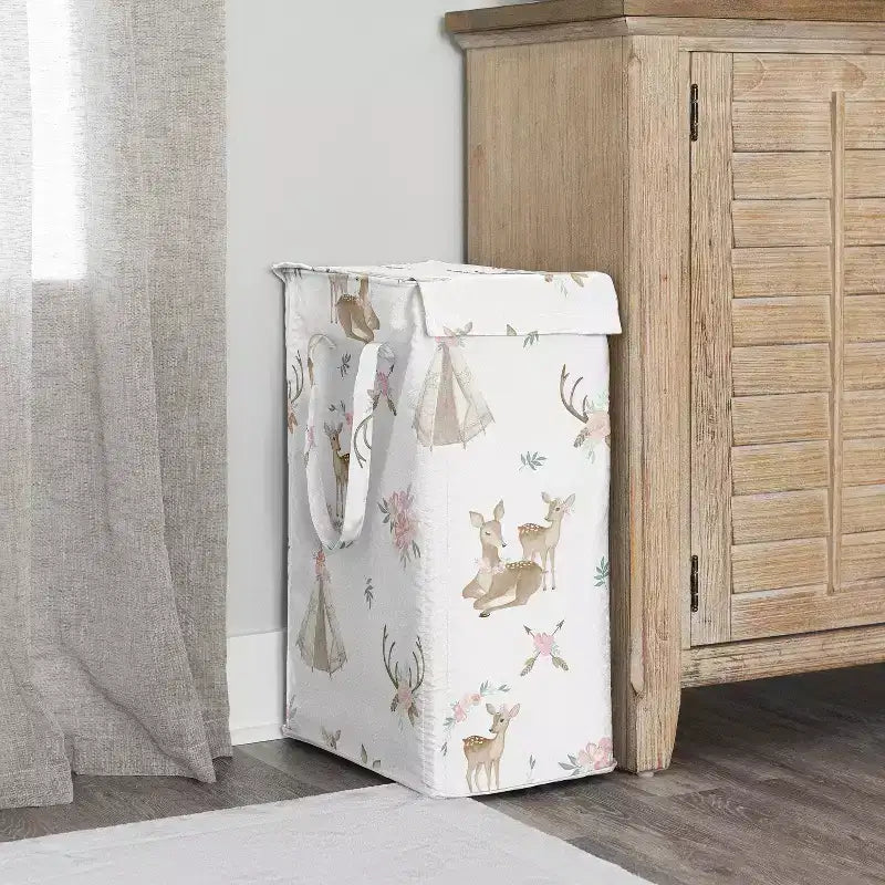 Corbeille à linge pliable Sweet Jojo Designs pour fille avec poignées, motif cerf, floral, blanc, taupe et rose