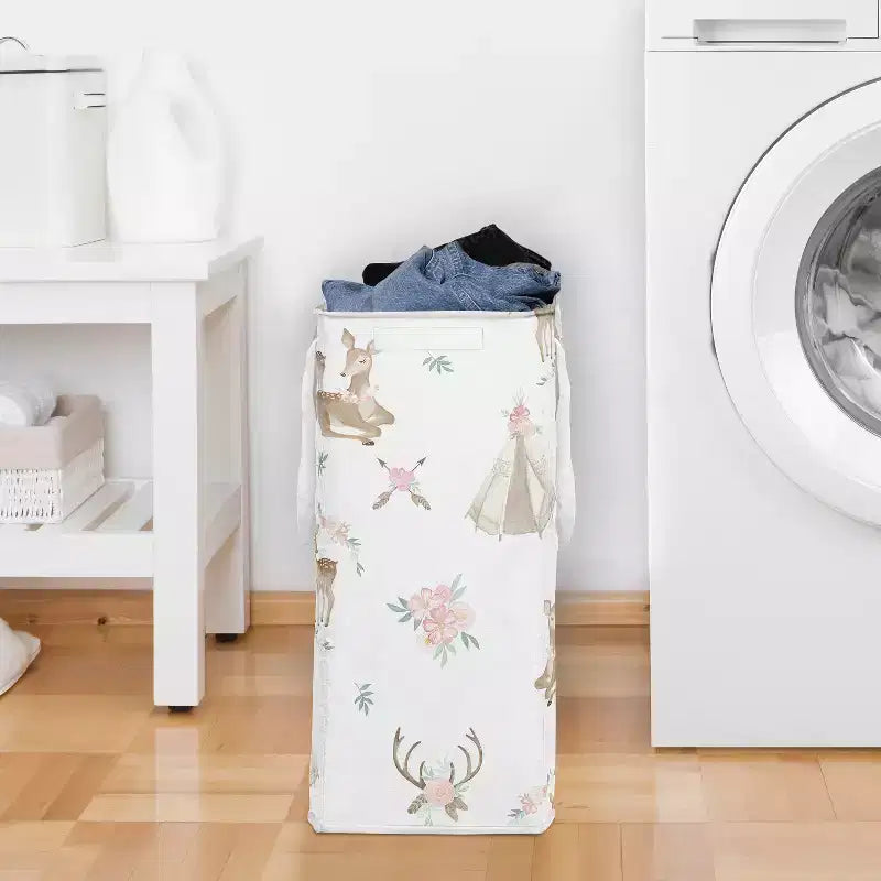 Corbeille à linge pliable Sweet Jojo Designs pour fille avec poignées, motif cerf, floral, blanc, taupe et rose