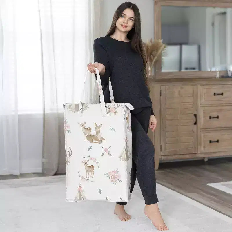 Corbeille à linge pliable Sweet Jojo Designs pour fille avec poignées, motif cerf, floral, blanc, taupe et rose