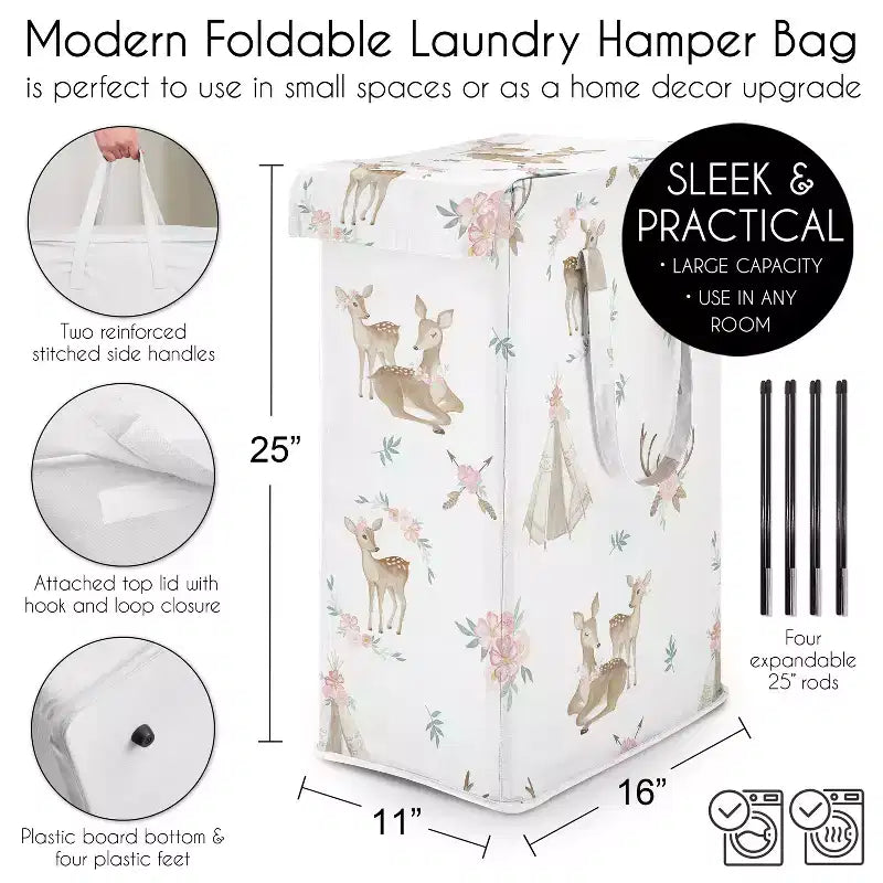 Corbeille à linge pliable Sweet Jojo Designs pour fille avec poignées, motif cerf, floral, blanc, taupe et rose