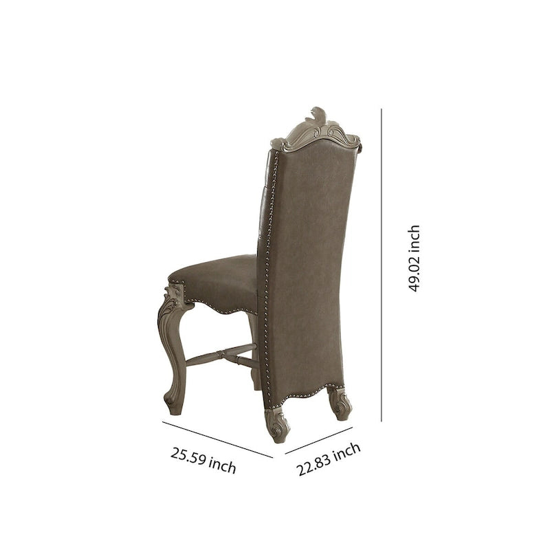 Chaise de comptoir en bois, garnie de similicuir et de clous décoratifs, gris et blanc