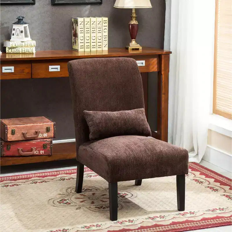 Fauteuil d'appoint contemporain sans accoudoirs en tissu chenille Pisano de Roundhill Furniture avec oreiller lombaire assorti, chocolat