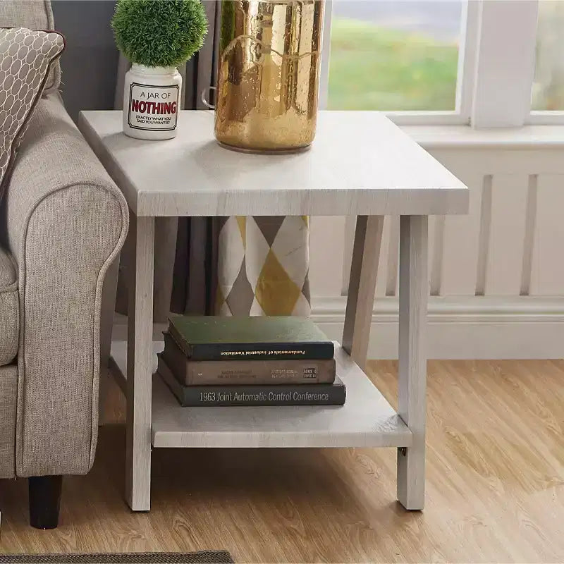 Table d'appoint Athens contemporaine en bois avec étagère, finition blanche