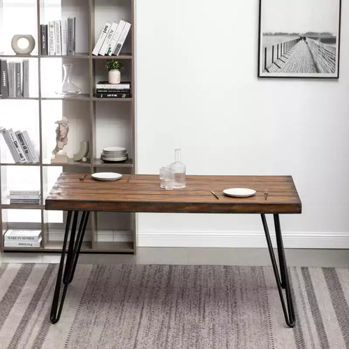 Table à manger industrielle Aryven en métal avec pieds épingles, pin foncé rustique