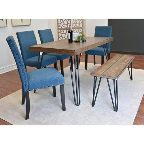 Ensemble de salle à manger 6 pièces Amisos, table à manger avec pieds épingles, 4 chaises et un banc en bois, 3 options de couleur