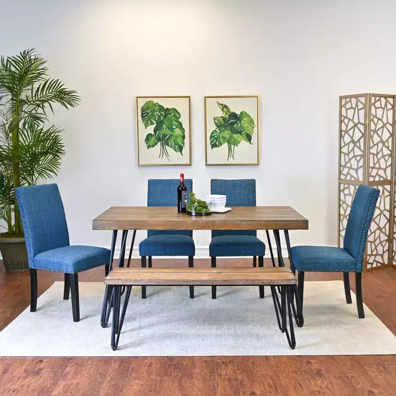 Ensemble de salle à manger 6 pièces Amisos, table à manger avec pieds épingles, 4 chaises et un banc en bois, 3 options de couleur