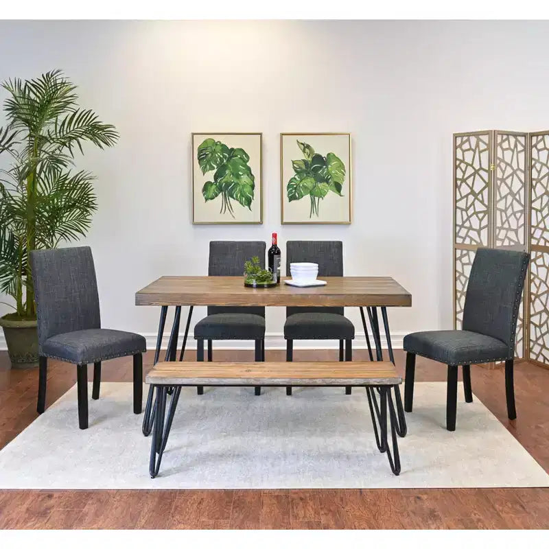 Ensemble de salle à manger 6 pièces Amisos, table à manger avec pieds épingles, 4 chaises et un banc en bois, 3 options de couleur