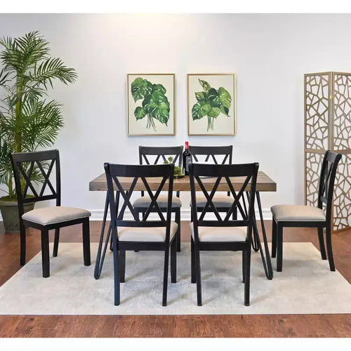 Ensemble de salle à manger Arroyo 7 pièces, table à manger avec pieds en épingle et 6 chaises à dossier croisé, noir intense