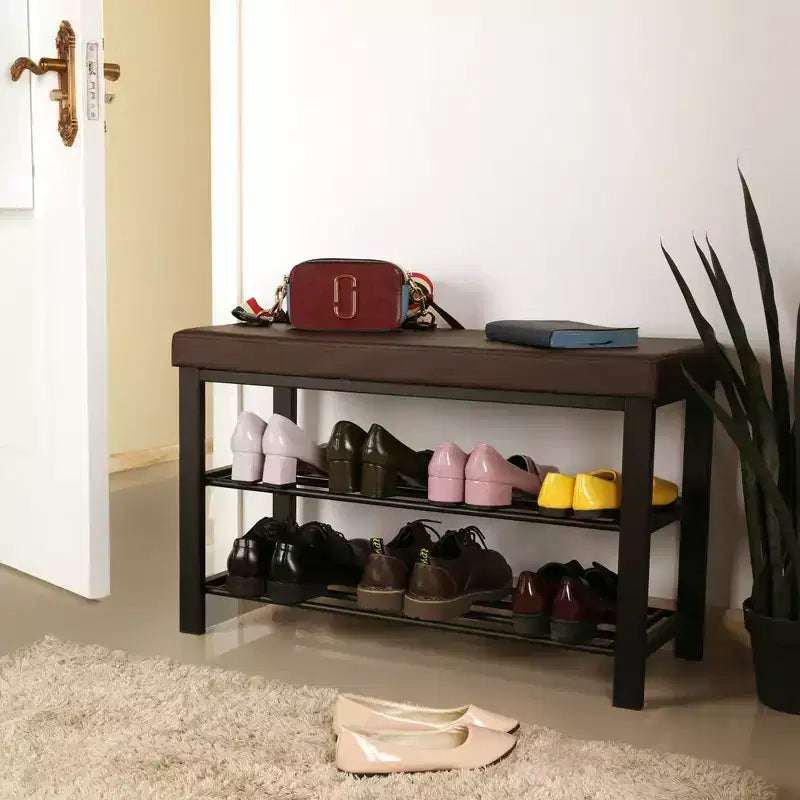 Banc à chaussures SONGMICS, meuble à chaussures à 3 niveaux pour entrée, organisateur de rangement avec siège rembourré en mousse, similicuir, cadre en métal, 31 x 81 x 49 cm