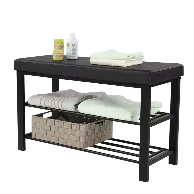 Banc à chaussures SONGMICS, meuble à chaussures à 3 niveaux pour entrée, organisateur de rangement avec siège rembourré en mousse, similicuir, cadre en métal, 31 x 81 x 49 cm