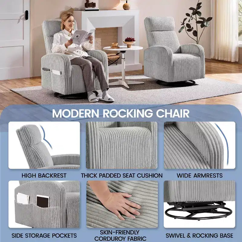 Fauteuil à bascule pivotant en velours côtelé pour chambre de bébé Yaheetech