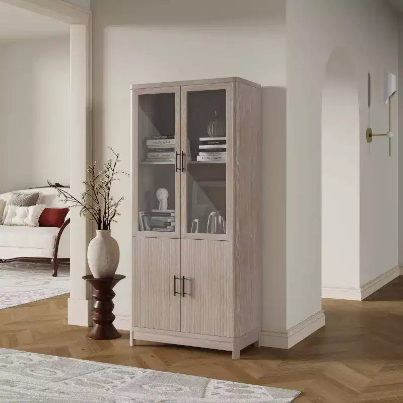 Manhattan Comfort 67.6 Bibliothèque Jodie avec 6 étagères réglables et portes en verre trempé